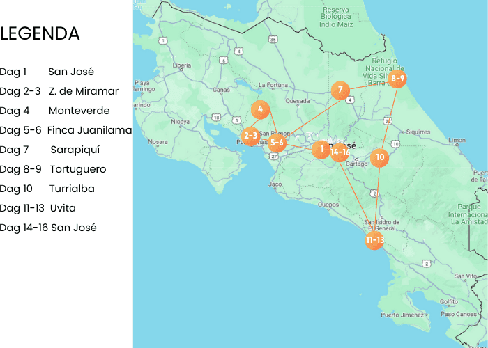 Routekaart Rondreis Costa Rica 