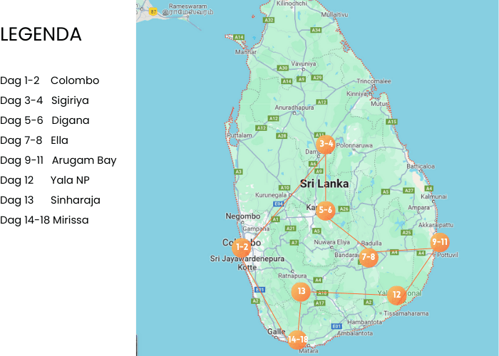Routekaart Rondreis Sri Lanka en Malediven