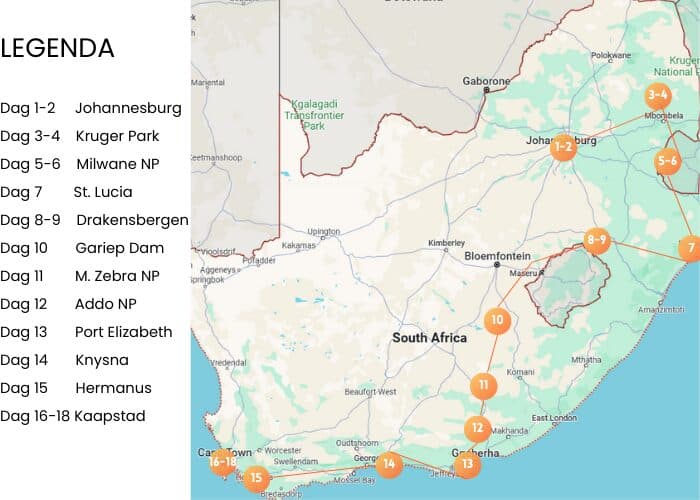 Routekaart Rondreis Zuid-Afrika